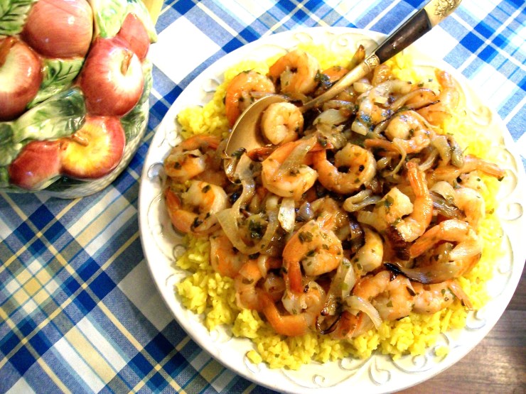 Saffron Rice with Chutney Shrimp and Carmelized Onions- myyellowfarmhouse.com